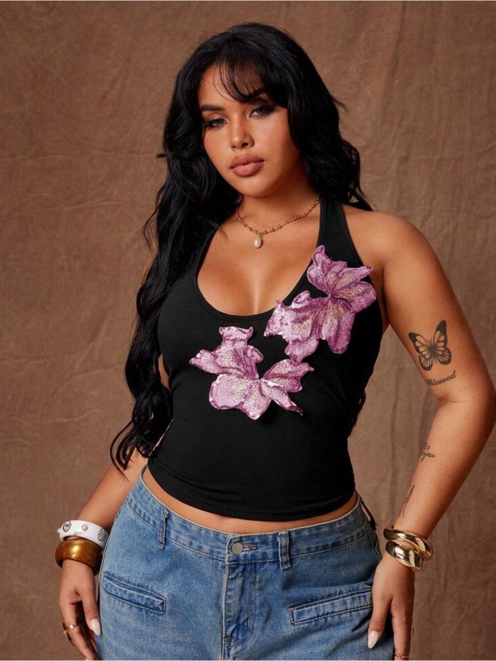 Rustia Plus Size Floral Decor Camisole Tank Top, Casual & Comfortable